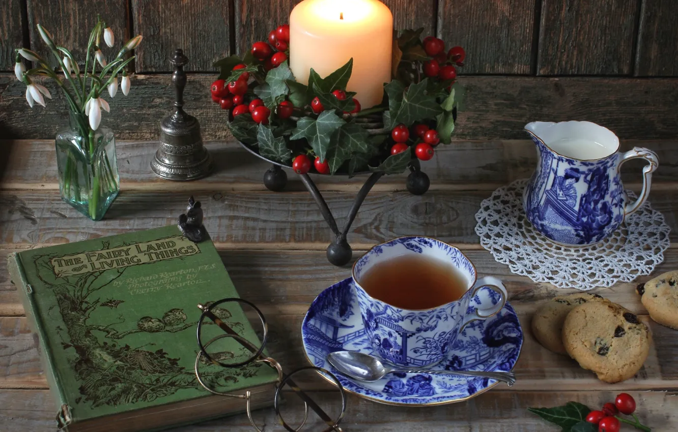 Photo wallpaper tea, candle, milk, cookies, glasses, snowdrops, book, still life