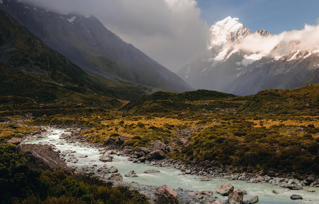 Photo wallpaper river, New Zealand, mountains, clouds, rocks, hills, Valley