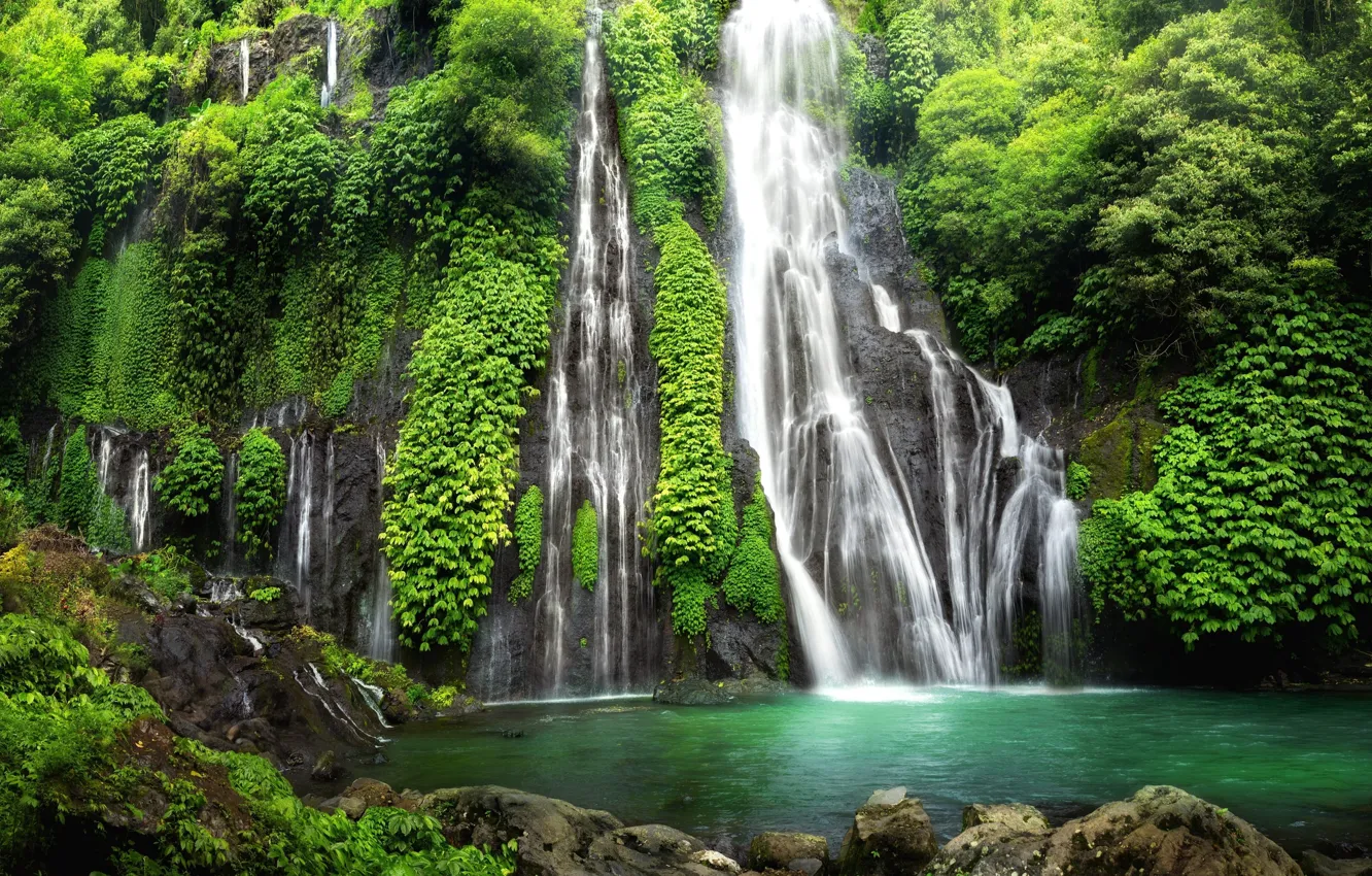 Photo wallpaper nature, rocks, shore, waterfall, stream