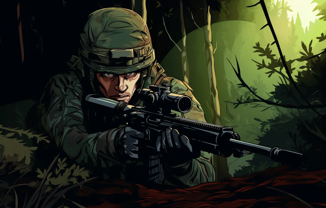 Photo wallpaper Look, Trees, Forest, Soldiers, Machine, Male, Digital art, Helmet