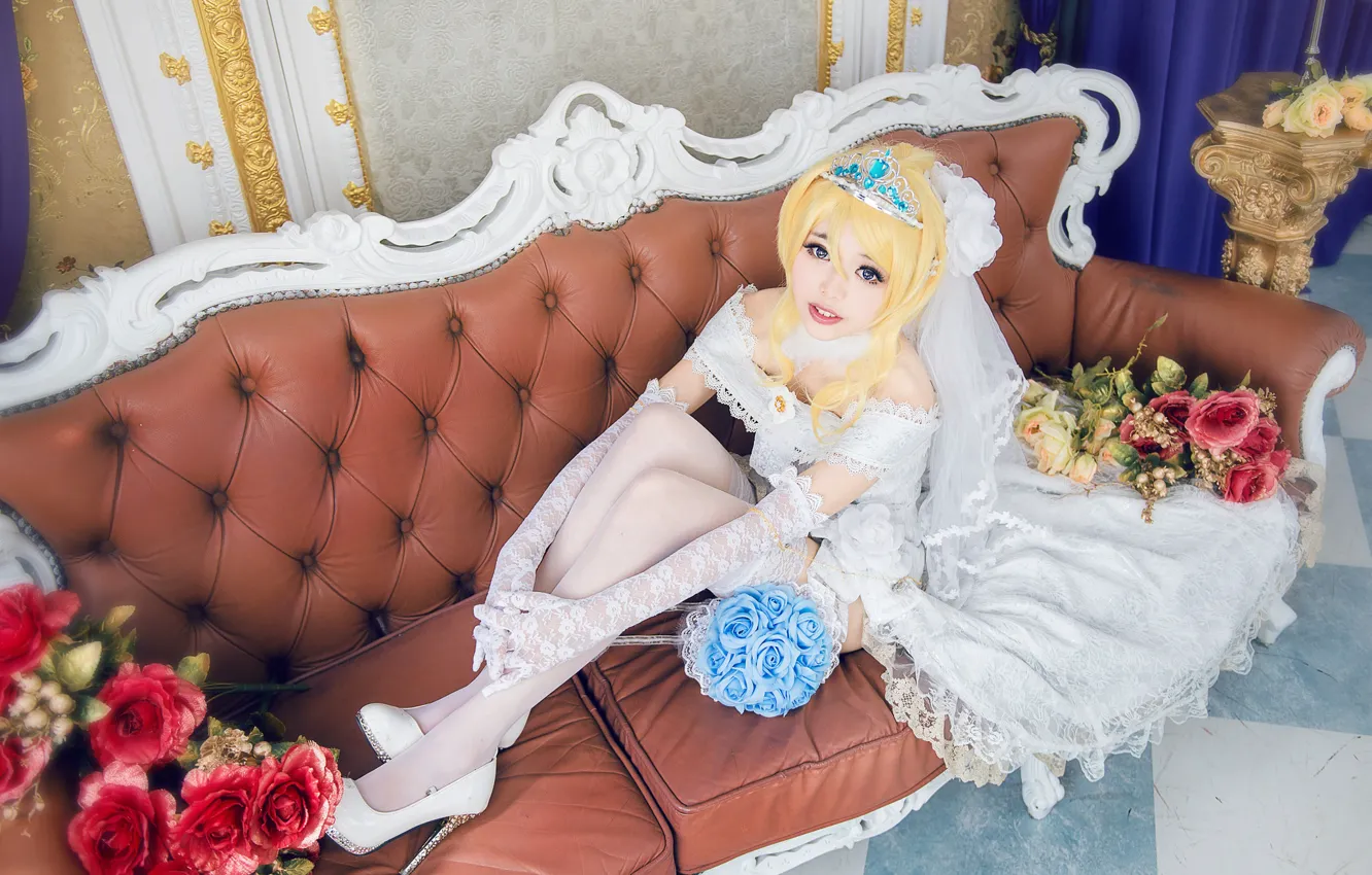 Photo wallpaper white, look, girl, decoration, flowers, blue, pose, style