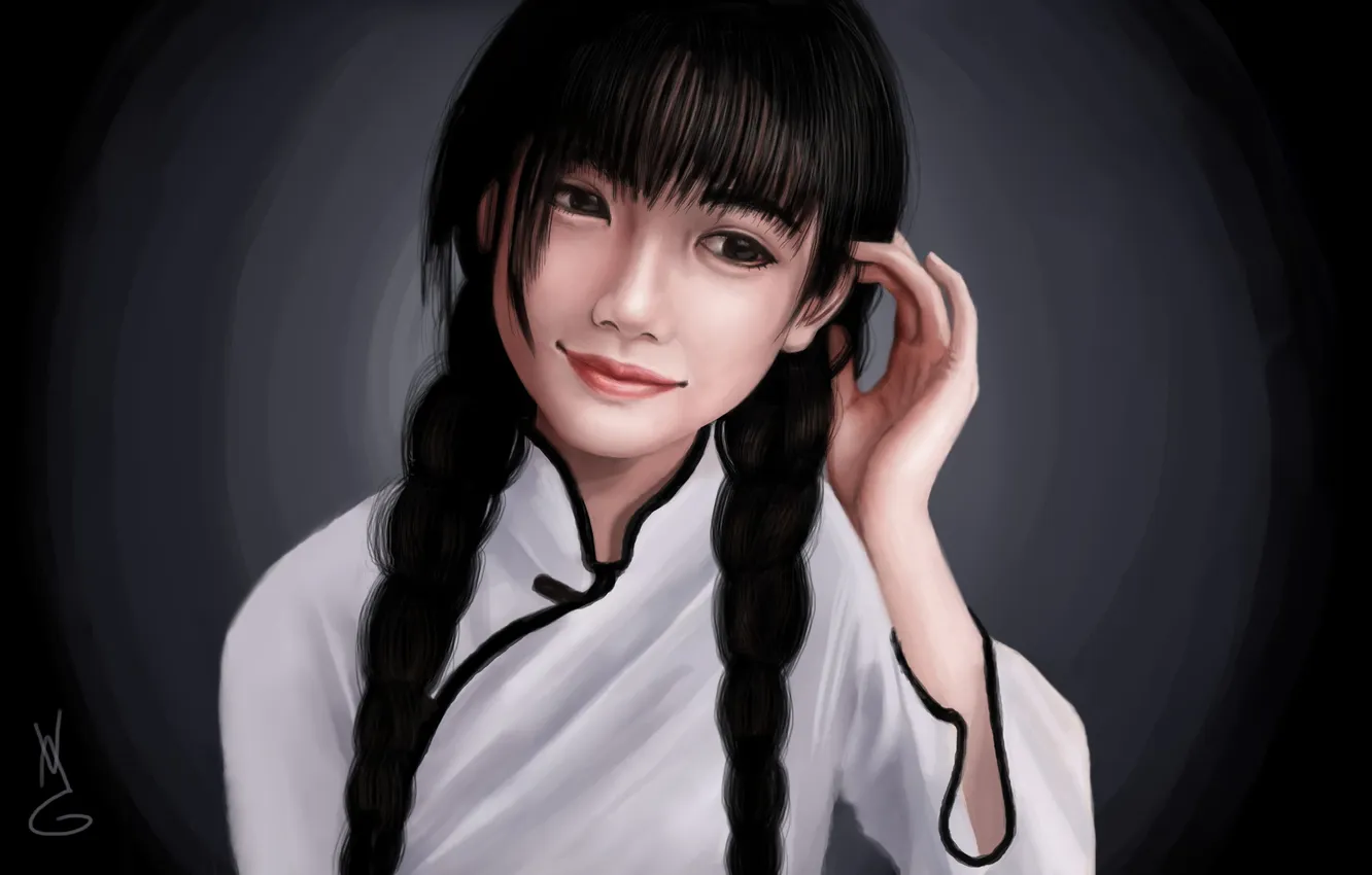 Photo wallpaper girl, face, art, Asian, braids