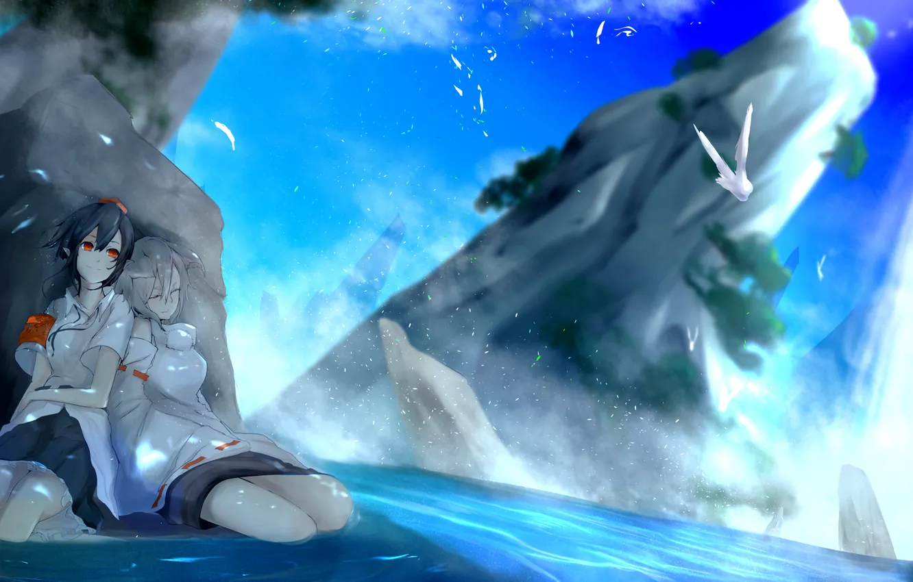 Photo wallpaper the sky, girl, clouds, the ocean, rocks, bird, seagulls, art