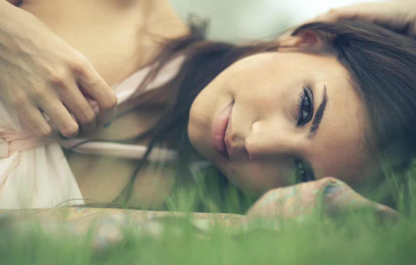 Photo wallpaper eyes, girl, smile, portrait, grass.