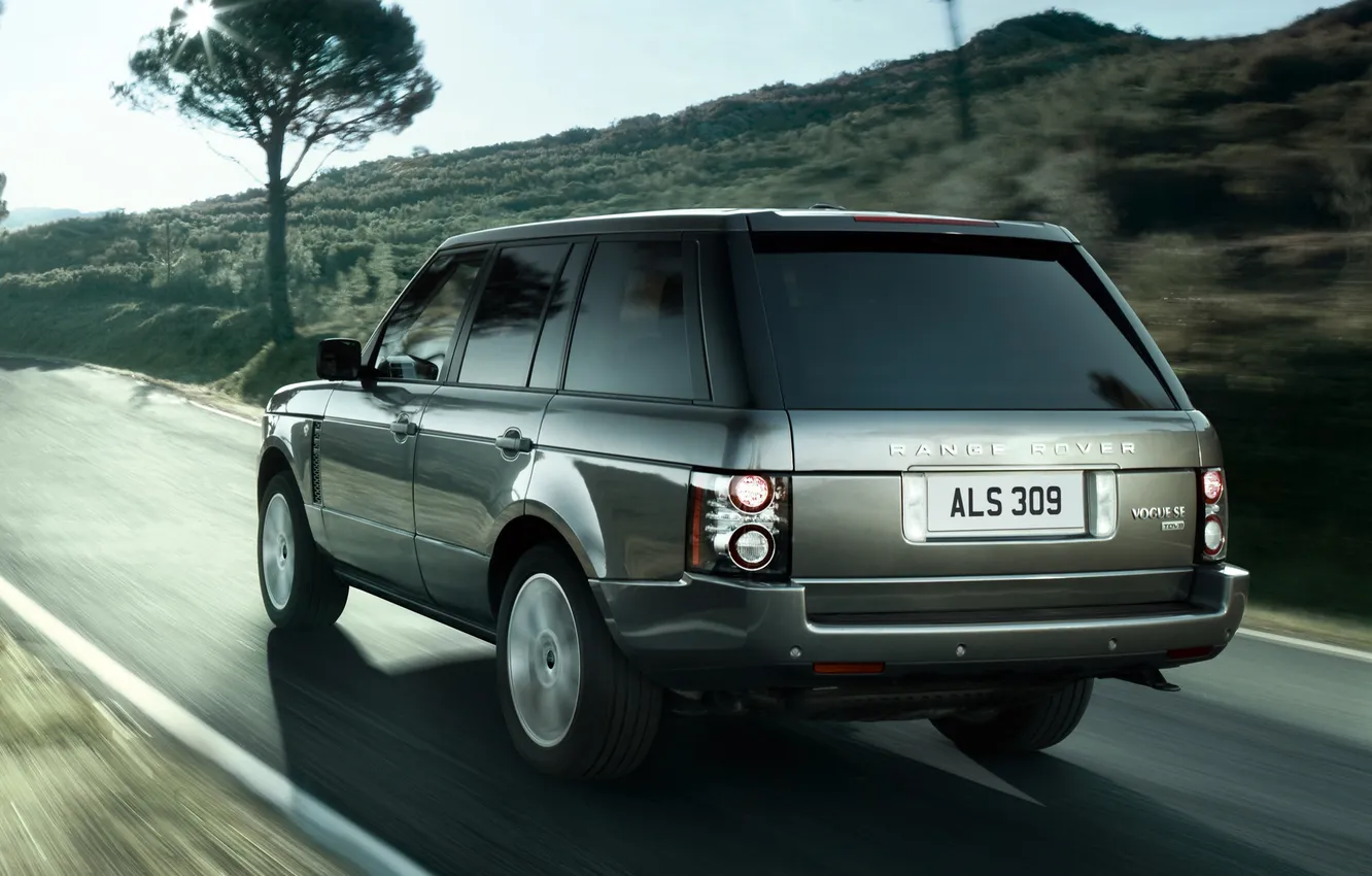 Photo wallpaper road, trees, hills, jeep, SUV, Land Rover, Range Rover, luxury