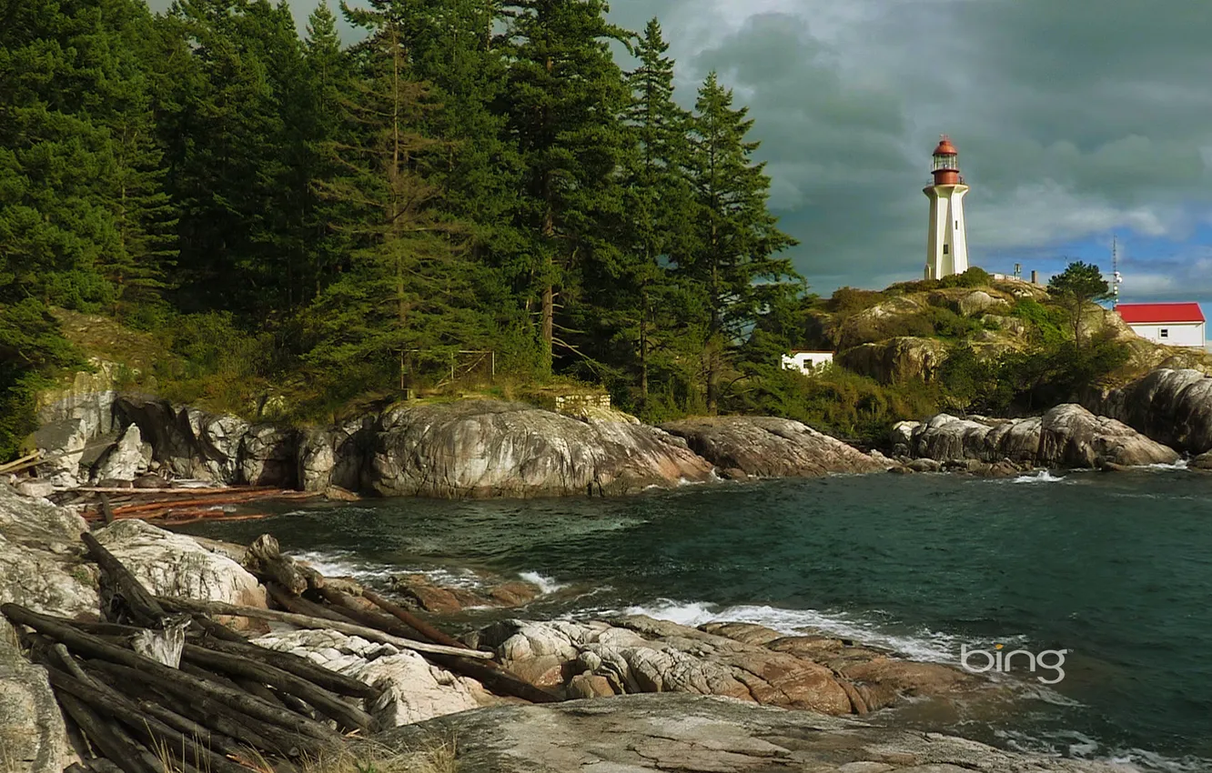 Photo wallpaper the sky, clouds, trees, rocks, lighthouse, Canada, British Columbia, Cape Atkinson