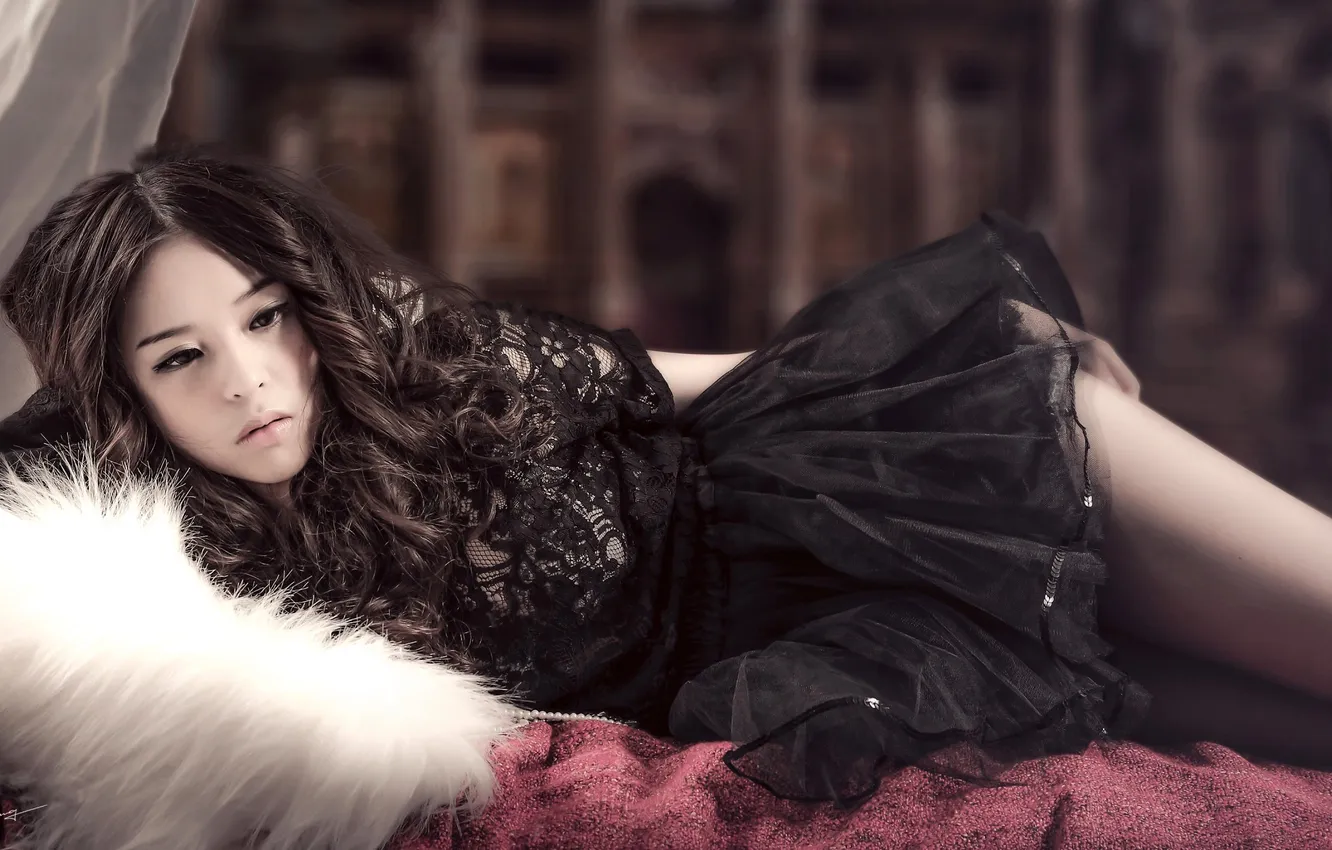 Photo wallpaper dress, hairstyle, bed, corset, brown hair, Asian