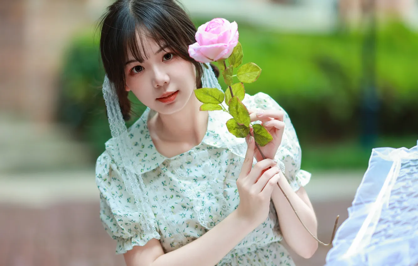 Photo wallpaper rose, flower, woman, umbrella, beautiful, model, pretty, asian