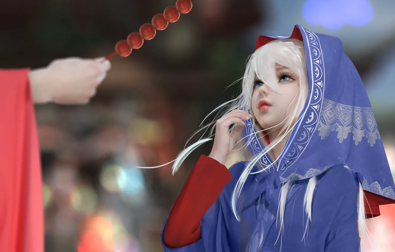 Photo wallpaper girl, blurred background, treats, Dango