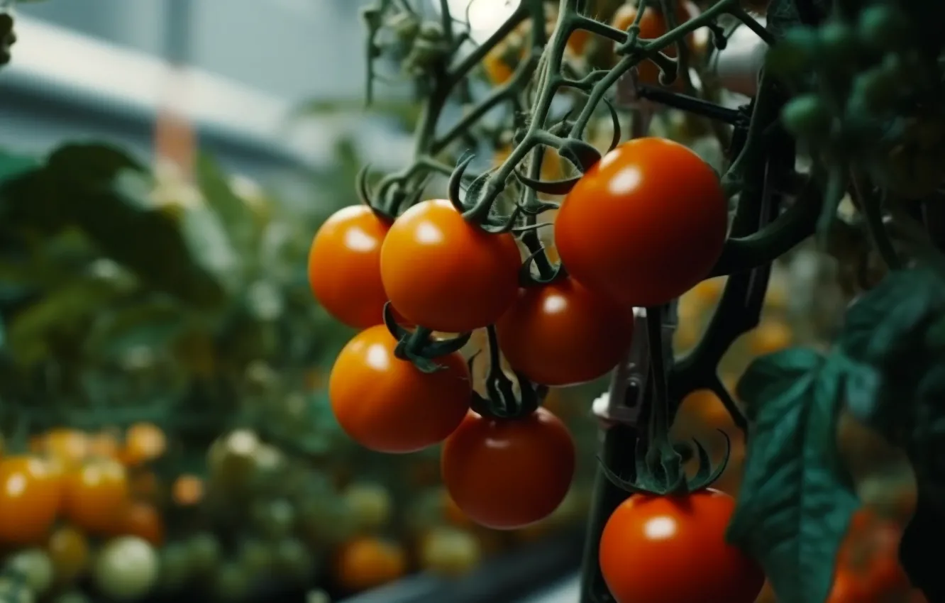 Photo wallpaper summer, leaves, branches, red, garden, harvest, the beds, tomatoes