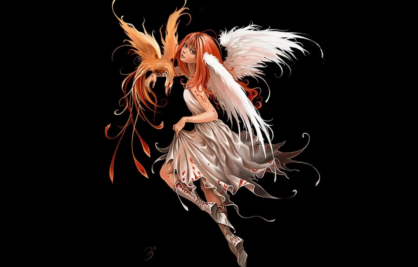 Photo wallpaper elf, wings, fairy, red, black background, Phoenix, white dress