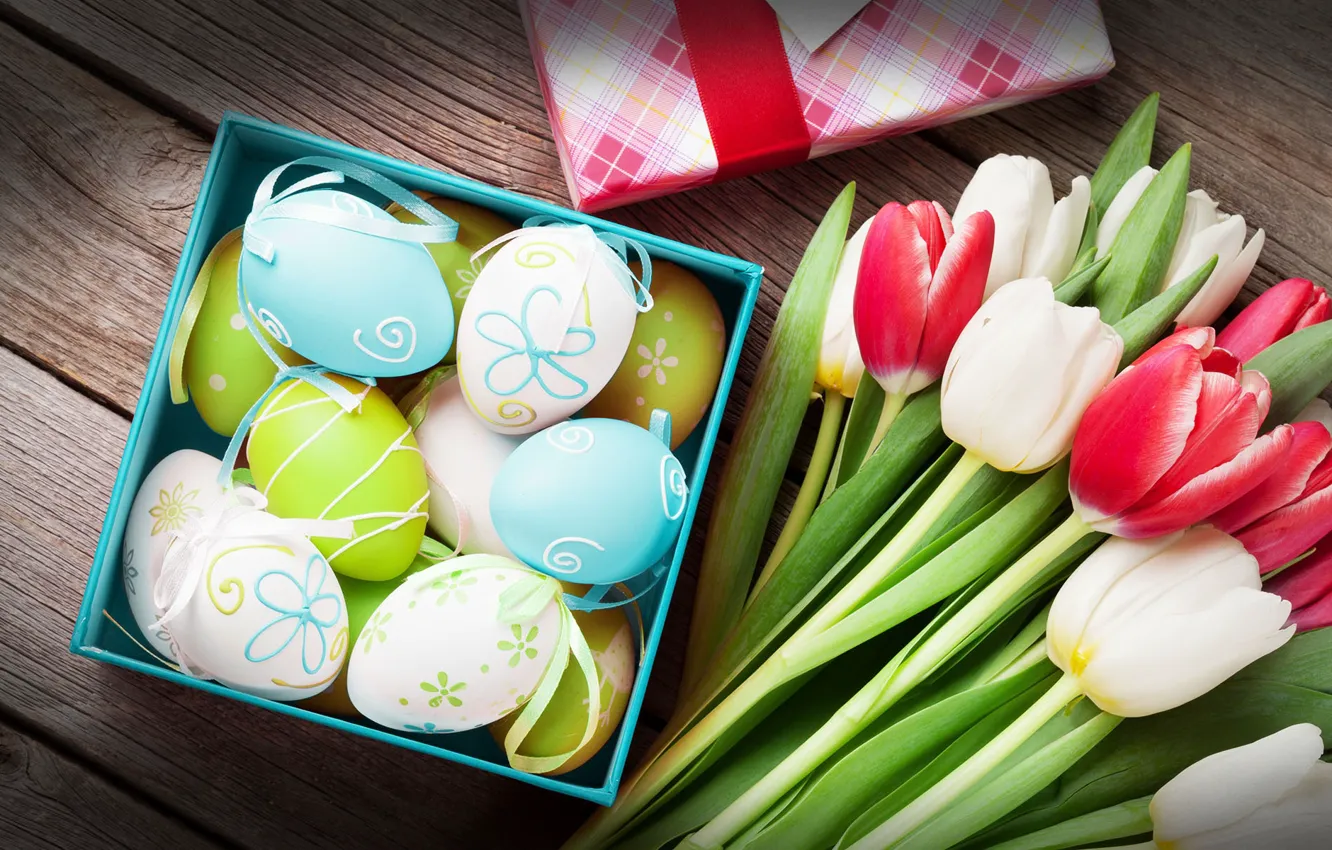 Photo wallpaper eggs, spring, Easter, tulips, flowers, easter