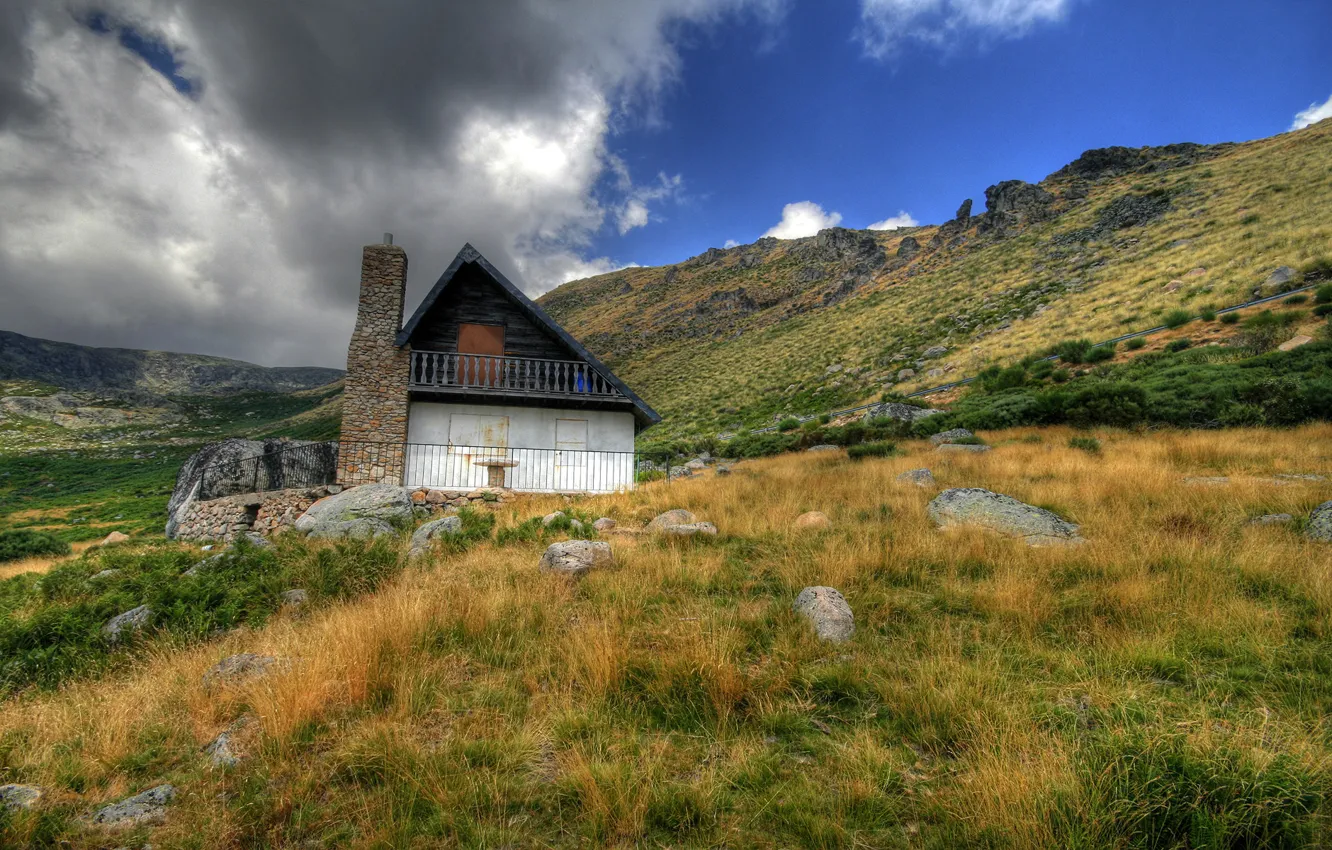 Photo wallpaper clouds, mountains, house