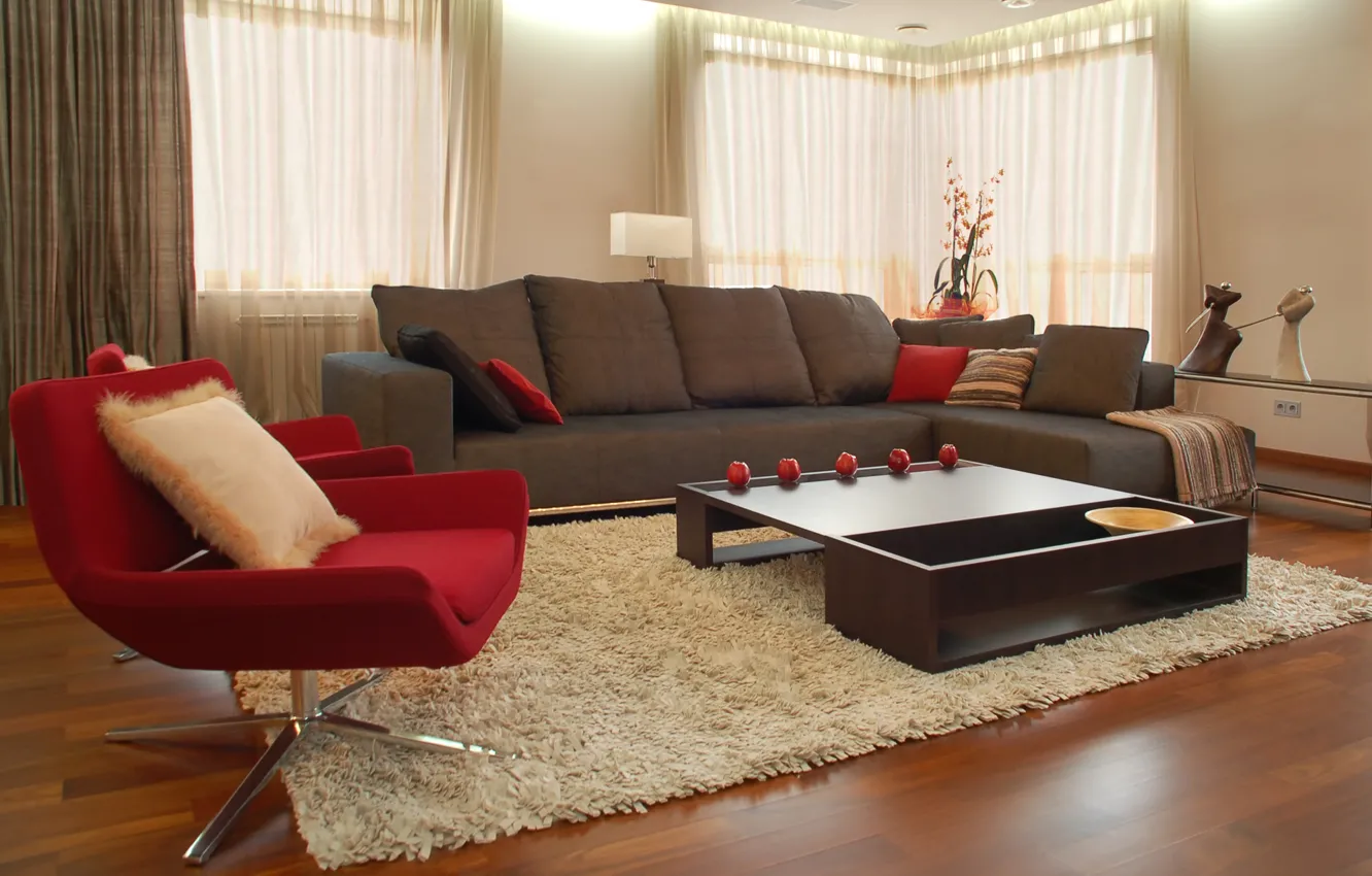 Photo wallpaper red, design, style, room, sofa, interior, chair, apartment