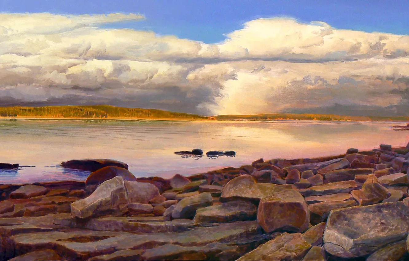 Photo wallpaper clouds, landscape, lake, stones, picture