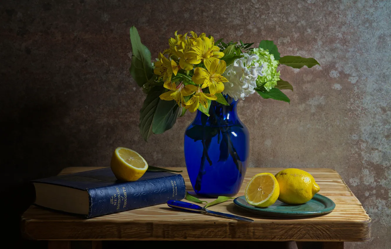 Photo wallpaper flowers, lemon, book, vase