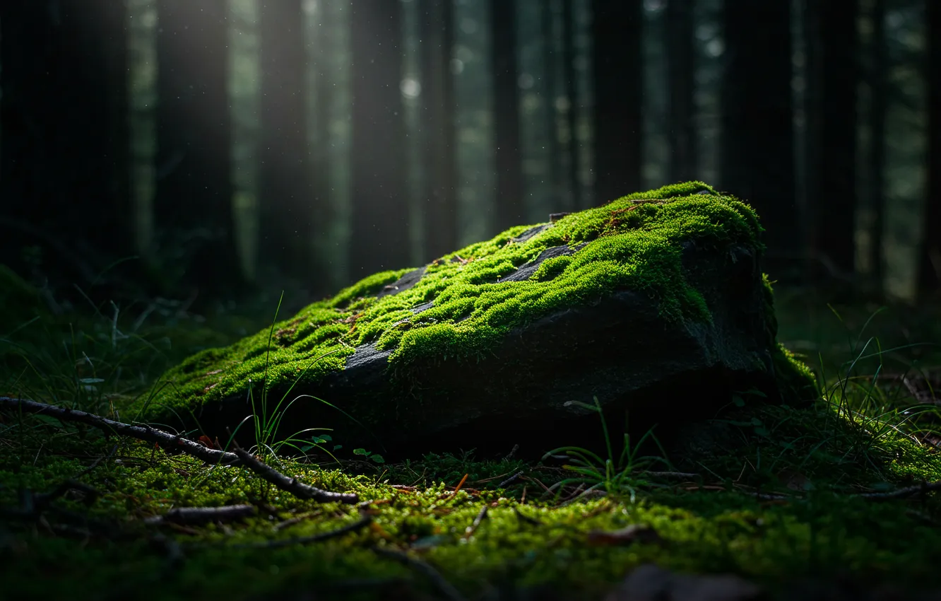 Photo wallpaper forest, light, stones, moss, light, forest, stone, bokeh
