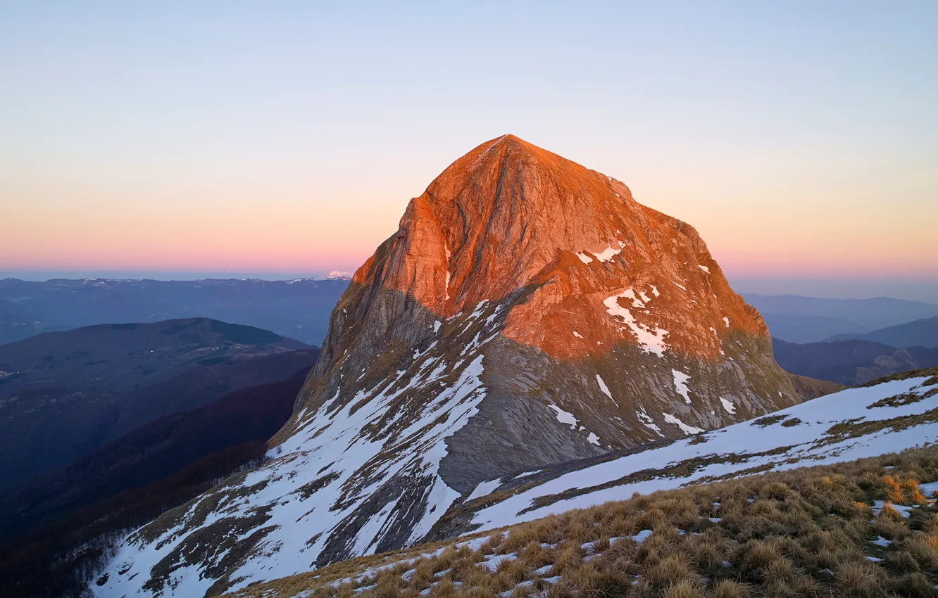 Photo wallpaper the sky, grass, snow, sunset, mountains, Italy, mount Penna of Sumbra