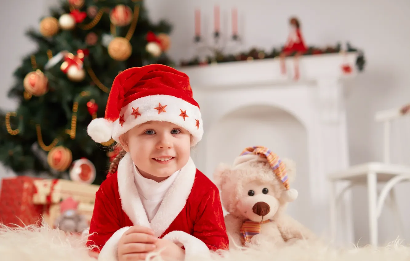 Photo wallpaper toy, new year, Christmas, bear, girl