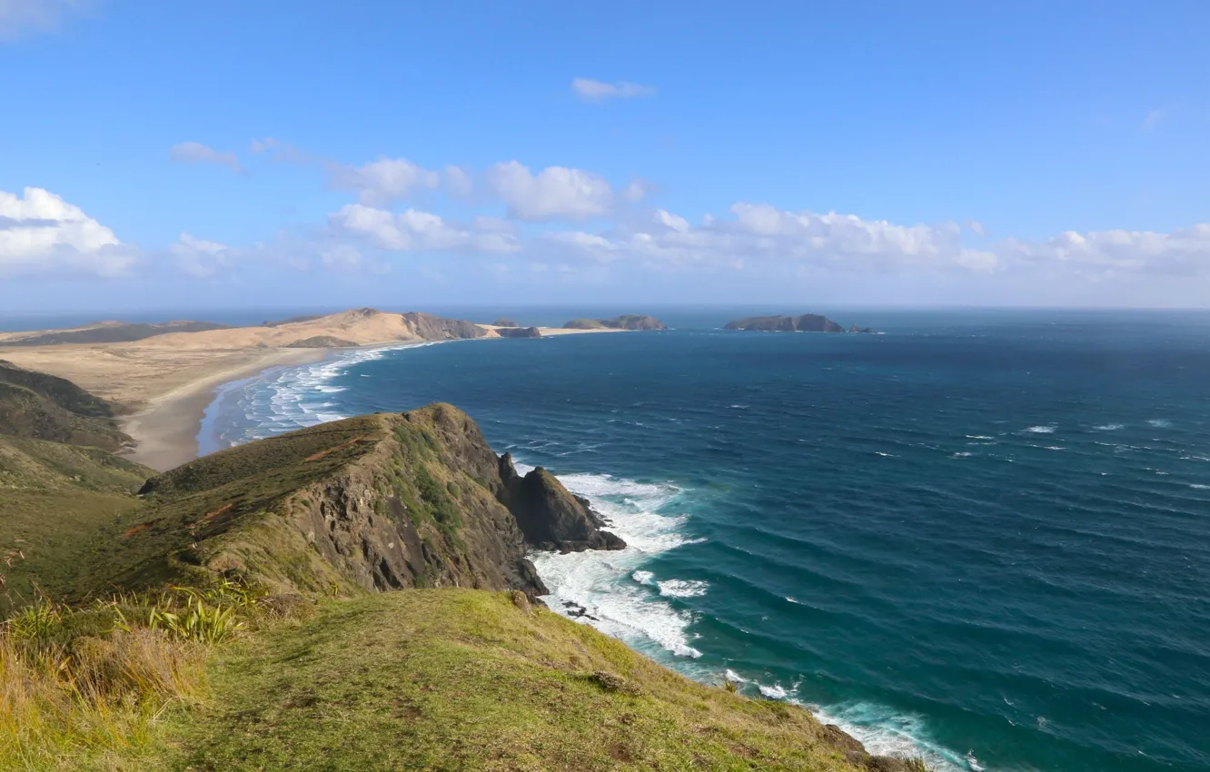 Photo wallpaper sea, wave, grass, clouds, open, island, dal, rock