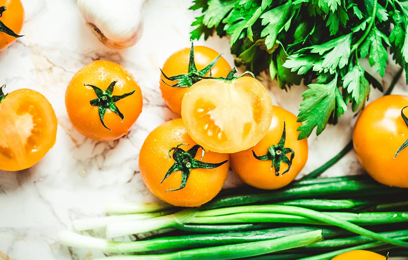 Photo wallpaper bow, tomatoes, parsley