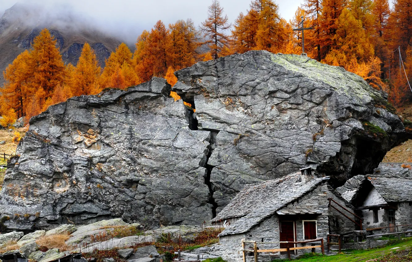 Photo wallpaper forest, mountains, nature, house, rocks, stone, Alps, split