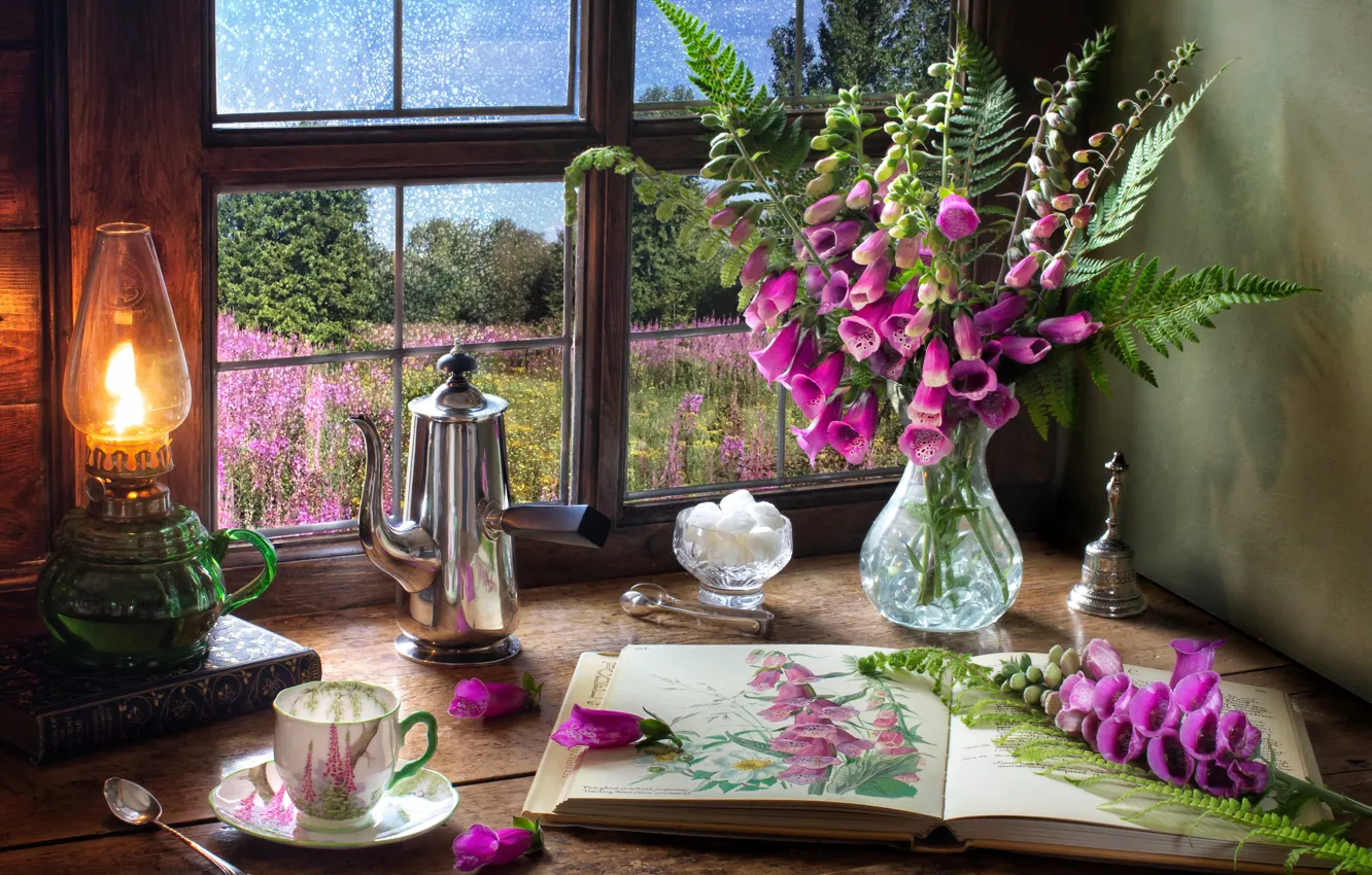 Photo wallpaper flowers, style, lamp, bouquet, window, mug, Cup, sugar