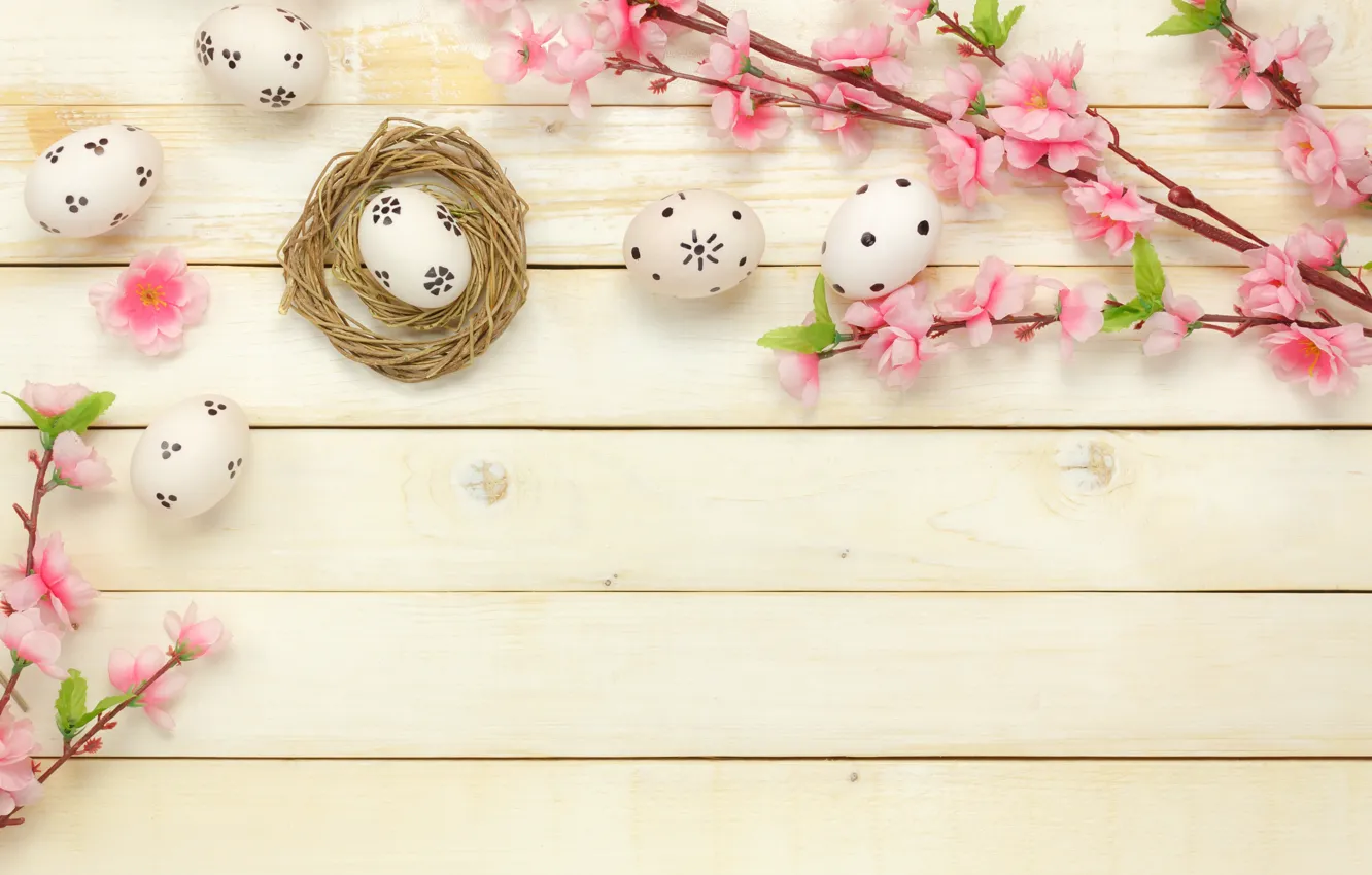 Photo wallpaper flowers, basket, eggs, spring, Easter, pink, wood, pink