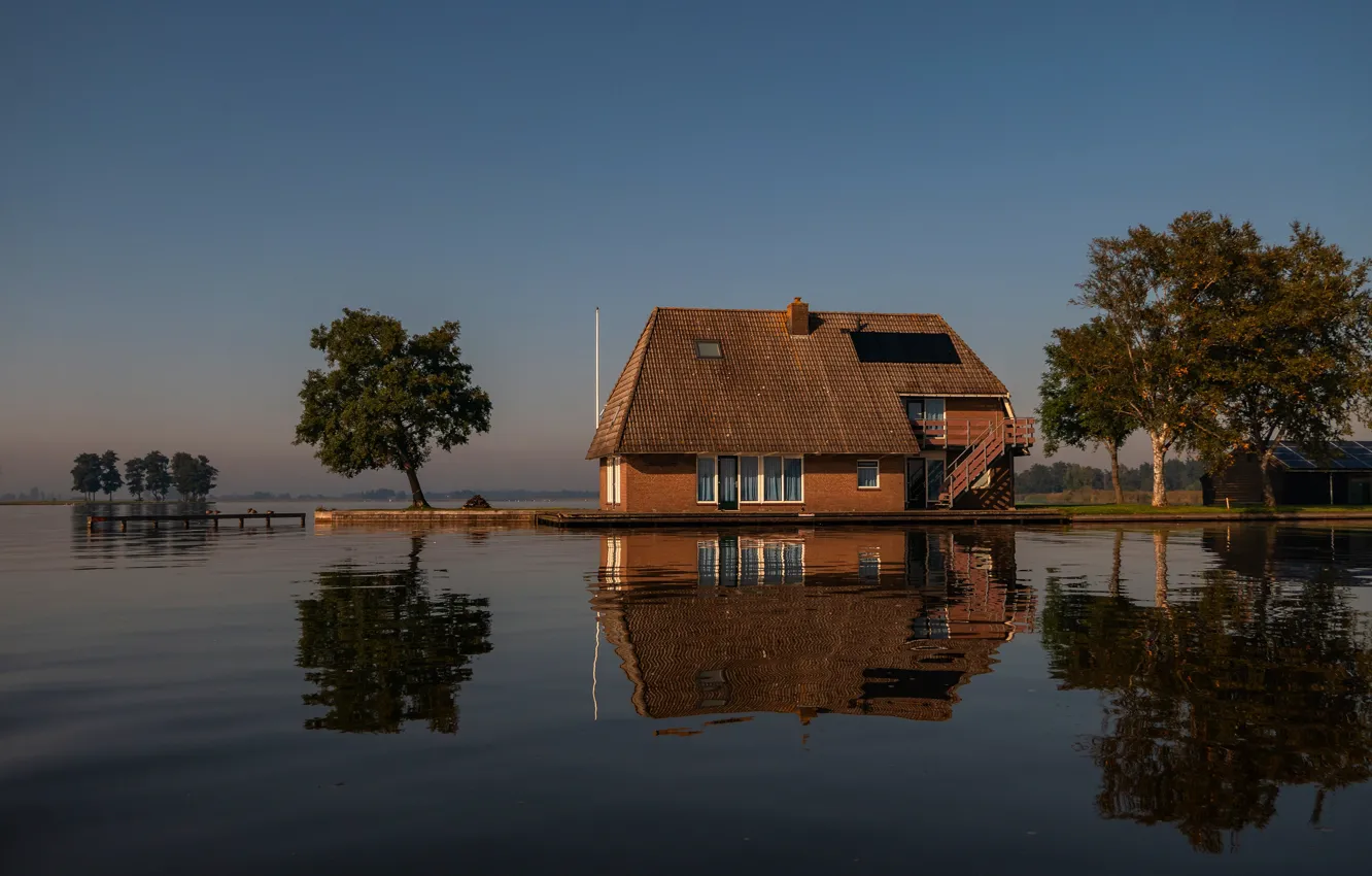 Photo wallpaper roof, the sky, water, light, trees, comfort, reflection, blue