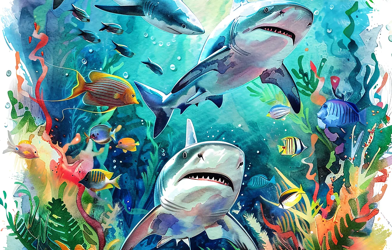 Photo wallpaper algae, fish, predator, shark, underwater world, digital art, imitation painting, AI art