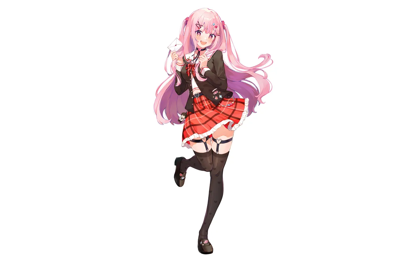 Photo wallpaper girl, school uniform, thighhighs, pink hair, long hair, legs, anime, beautiful