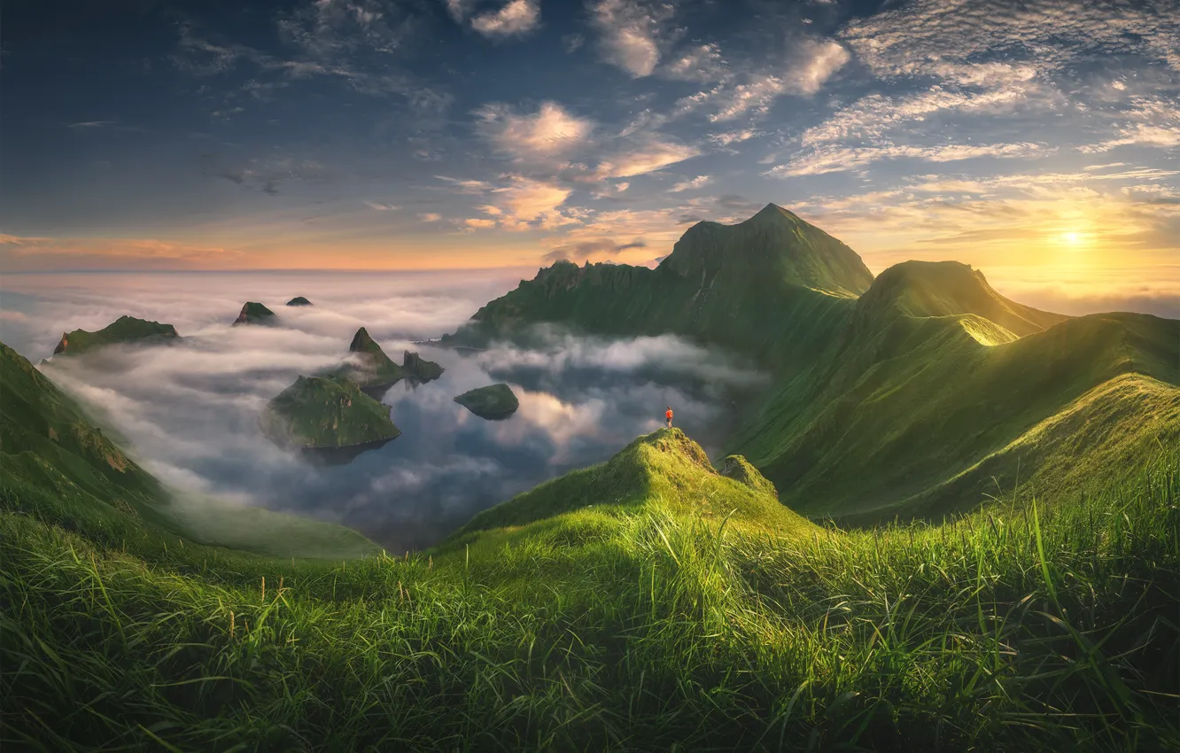 Photo wallpaper grass, the sun, clouds, landscape, mountains, nature, Anna Politova, Northern Kuriles
