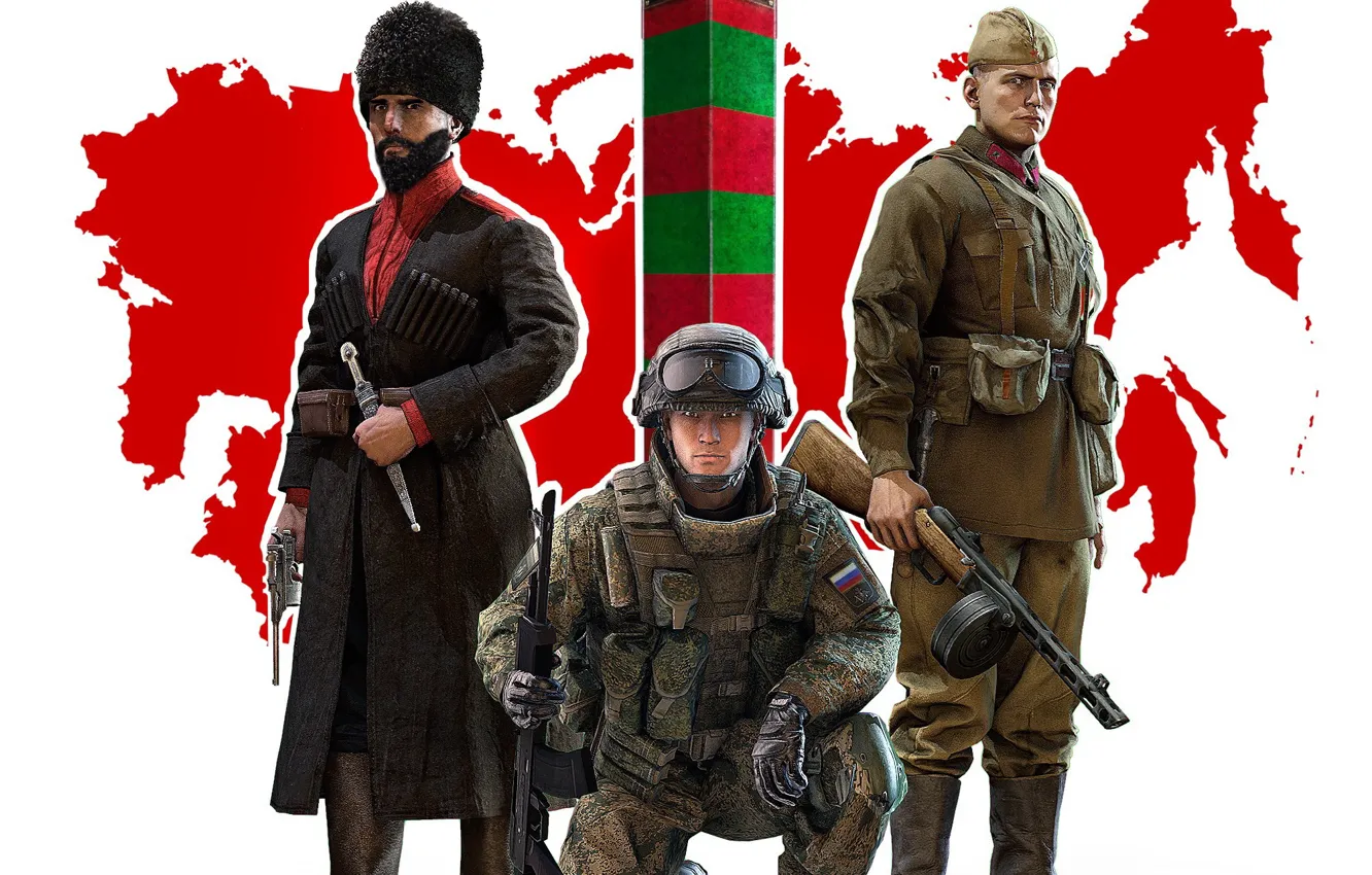 Photo wallpaper weapons, border, art, soldiers, white background, Russia, equipment, three