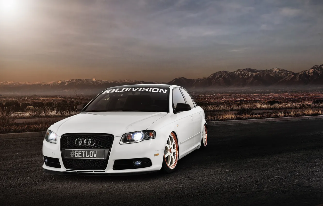 Photo wallpaper field, white, the sun, mountains, Audi, Audi, white, Sedan