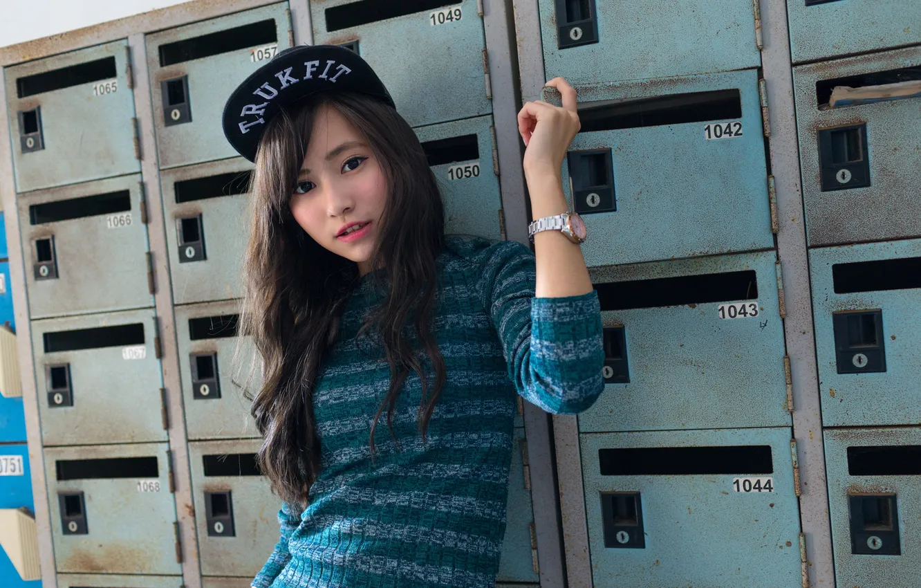 Photo wallpaper look, girl, background, cap