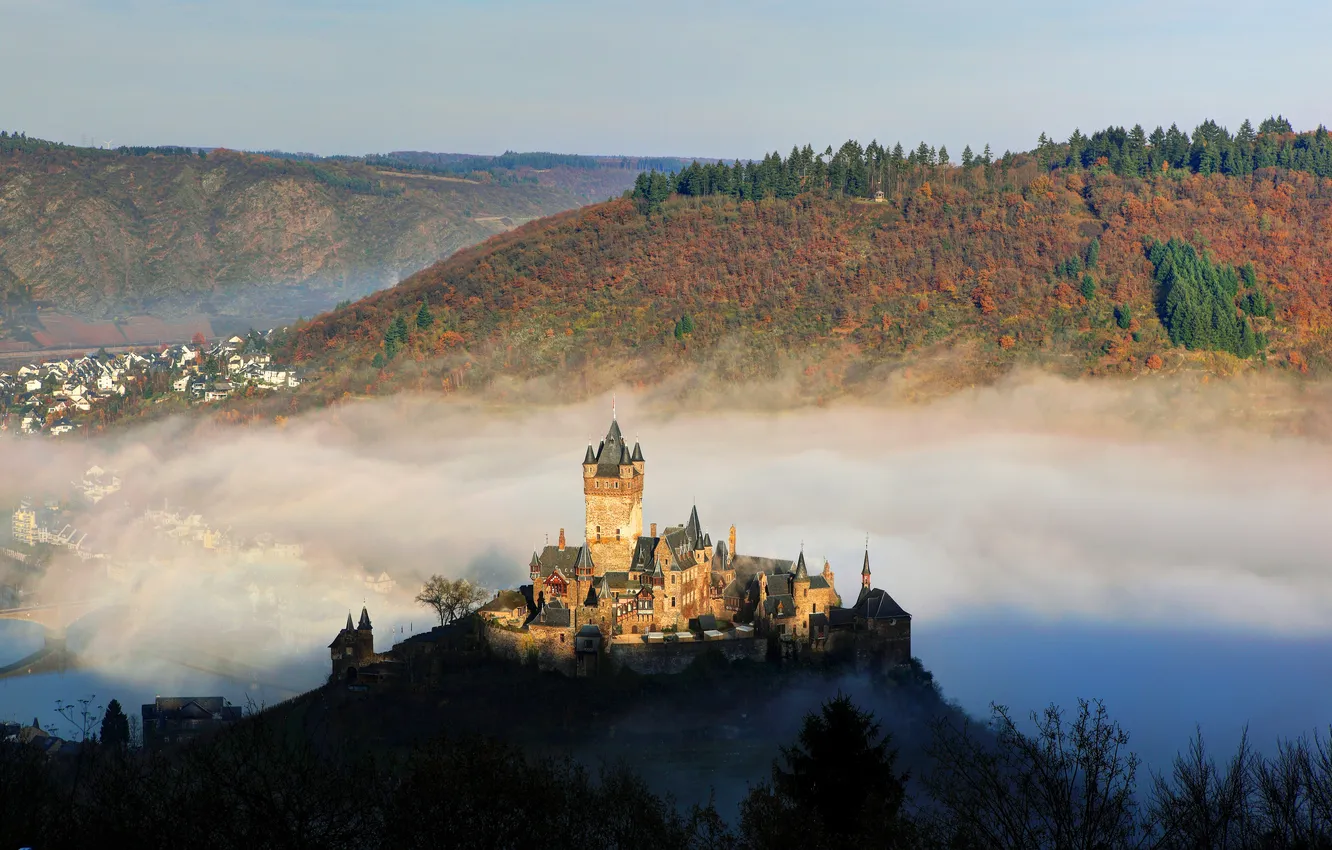 Photo wallpaper mountains, fog, river, castle, Germany, the view from the top, Cochem, Castle