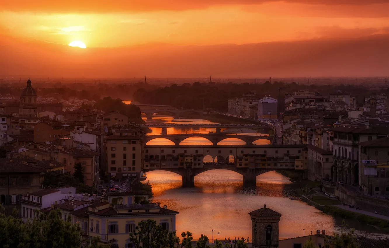 Photo wallpaper sunset, bridge, the city, river, home, Florence, Italy, Florence