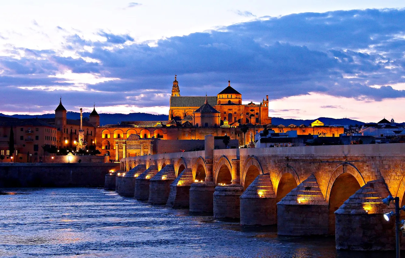 Photo wallpaper night, bridge, lights, river, home, Spain, Cordoba