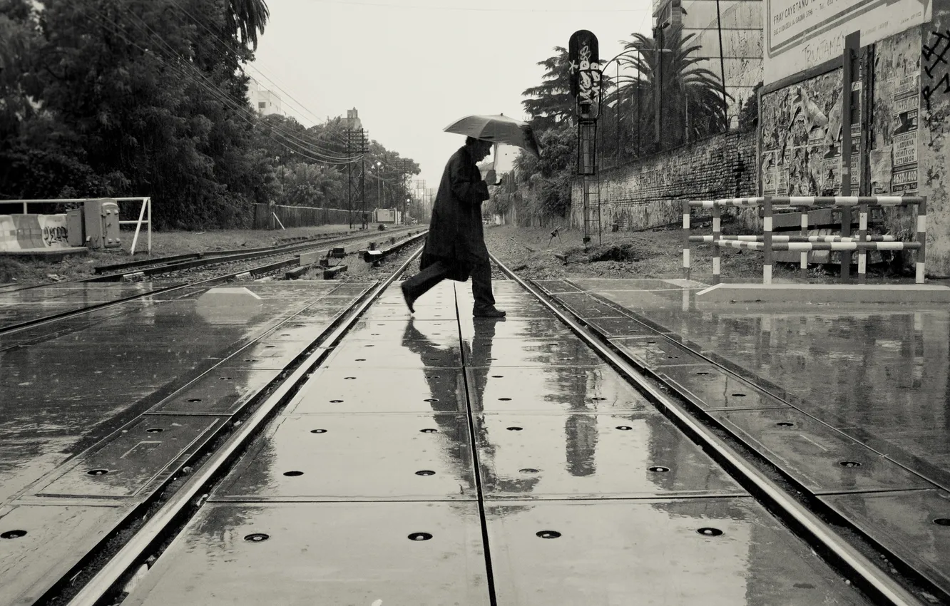 Photo wallpaper reflection, umbrella, railroad, the transition, male, coat, power lines, raindrops