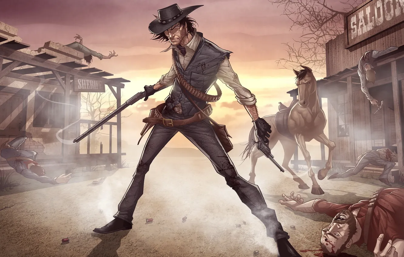 Photo wallpaper weapons, horse, the game, man, murder, revolver, saloon, Western