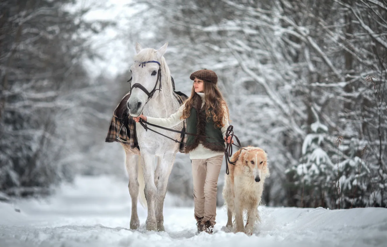 Photo wallpaper winter, snow, horse, dog, girl
