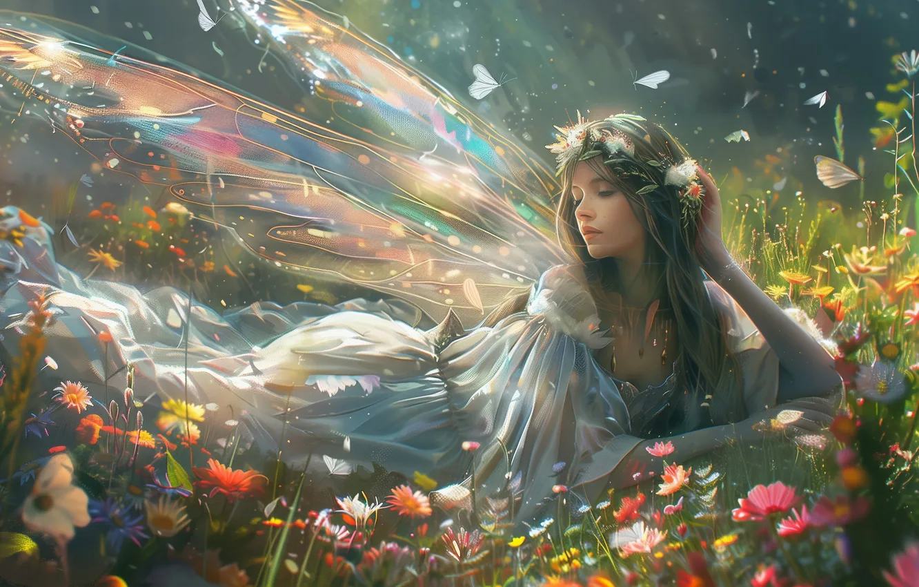 Photo wallpaper forest, girl, flowers, wings, dress, fairy, digital art, AI art