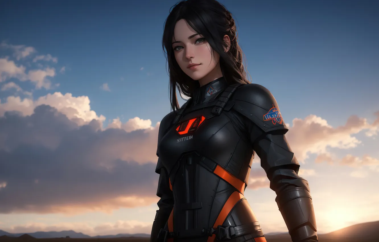 Photo wallpaper girl, fantasy, armor, sky, art, clouds, digital art, fantasy art