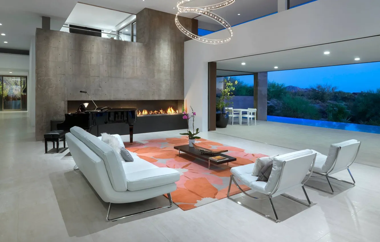 Photo wallpaper Villa, interior, pool, fireplace, terrace, living room, modern villa, Kim Residence