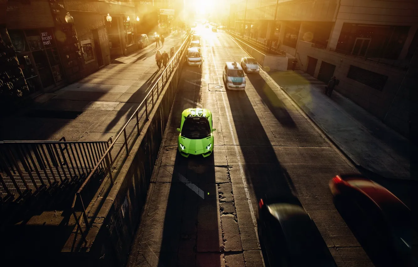 Photo wallpaper Roadster, Lamborghini, City, Chicago, Green, Sunset, Downtown, LP700-4