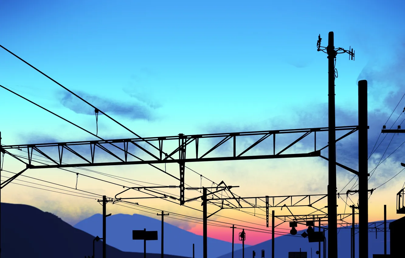 Photo wallpaper the sky, sunset, power lines