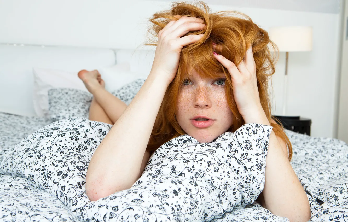 Photo wallpaper girl, red hair, green eyes, bed, Mia Sollis