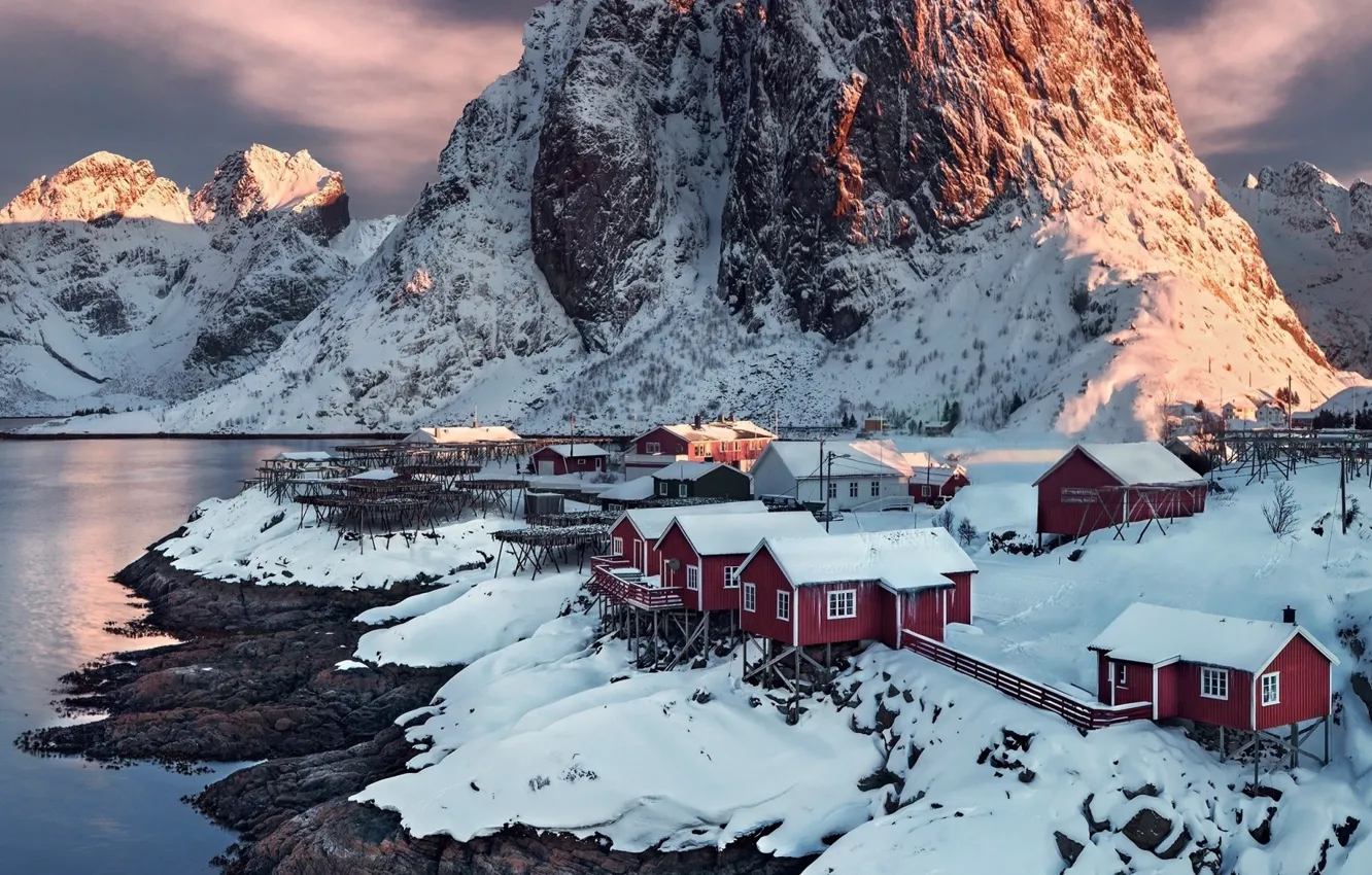 Photo wallpaper snow, mountains, village, Norway, sunset, water, village, Norway