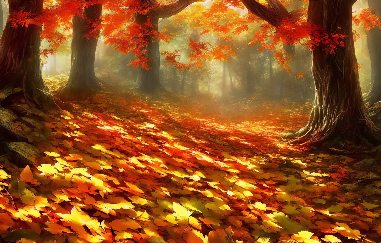 Photo wallpaper autumn, forest, leaves, light, trees, fog, foliage, figure