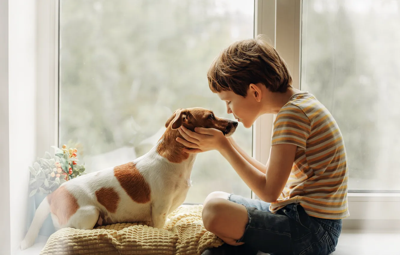 Photo wallpaper happiness, dog, boy, friendship, two, care, dog, pets